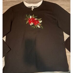 White Stag Womens Black Long Sleeve Poinsettia Floral Embroidered  Top Size M